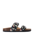 Women’s black floral slide sandals, two buckled straps, cork-style footbed