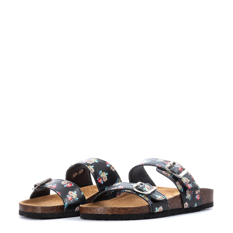 Women’s black floral slide sandals, open toe with two buckled straps