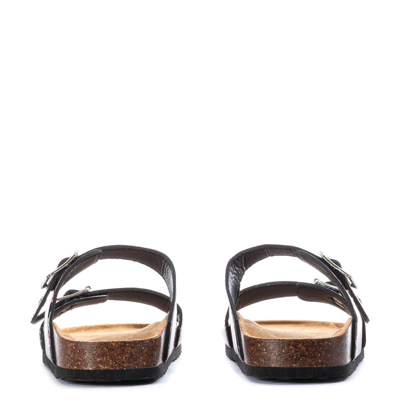 Women’s black slide sandals with two buckled straps, back/heel view