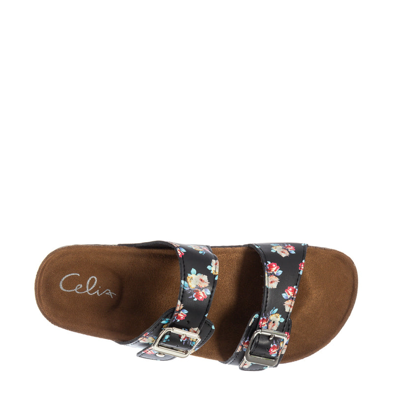 Women’s black floral slide sandals; brown insole shows 'Celina' logo
