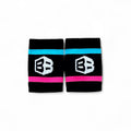 Black wristbands for crossfit with colorful stripes and a logo on a white background