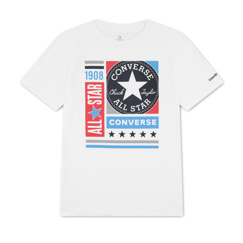 Youth white Converse graphic T-shirt with colorful All Star logo print on chest