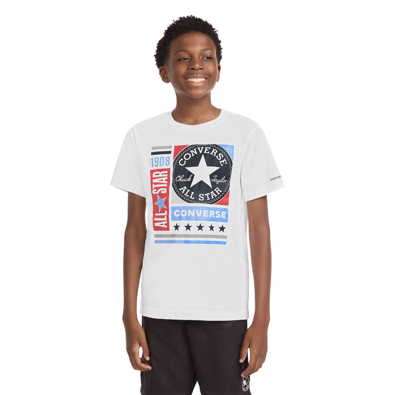 Youth white Converse graphic T-shirt worn by child, front view