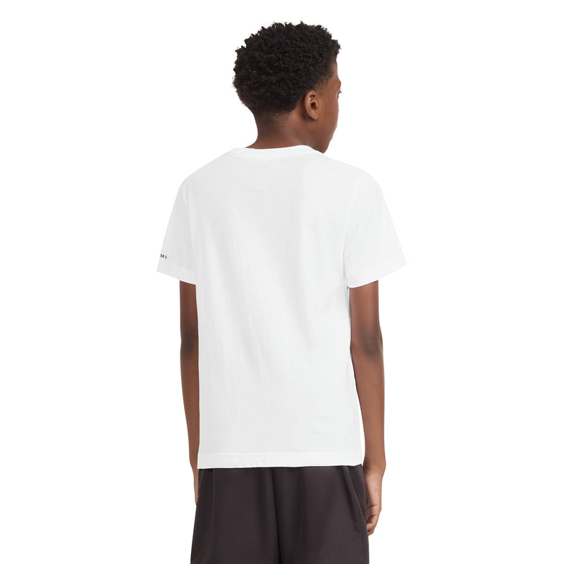 Youth white Converse T-shirt, back view with small sleeve logo