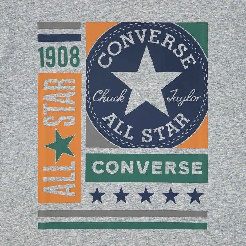 Close-up of Converse All Star graphic on dark grey heather youth T-shirt