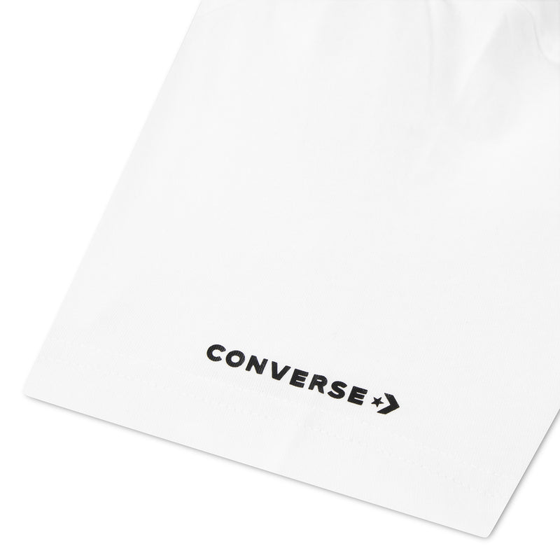 Youth white Converse T-shirt close-up of small Converse text logo