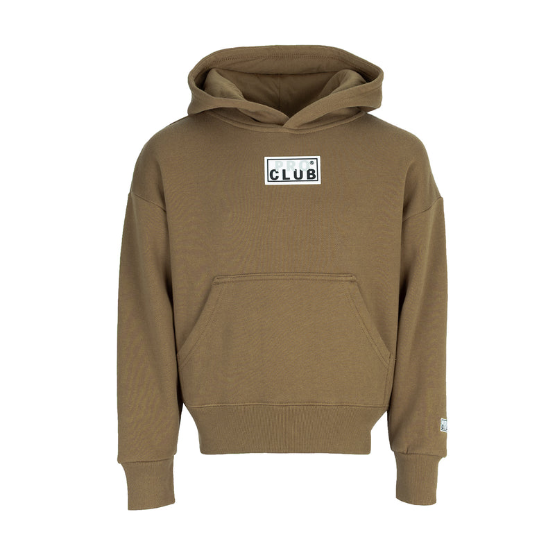 Youth taupe box logo hoodie with kangaroo pocket, square 'CLUB' chest print