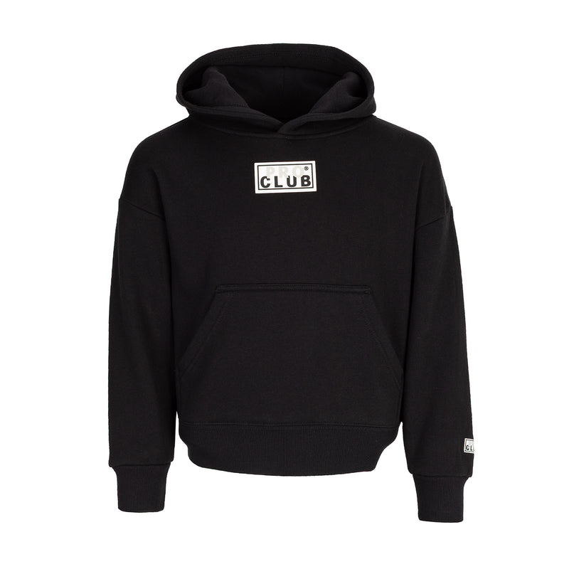 Youth black hoodie with front kangaroo pocket and square 'CLUB' logo patch