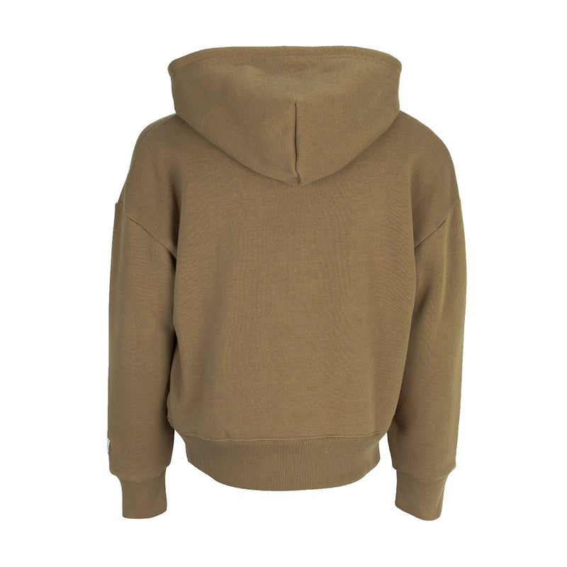 Youth taupe box logo hoodie, back view with hood and full-length sleeves