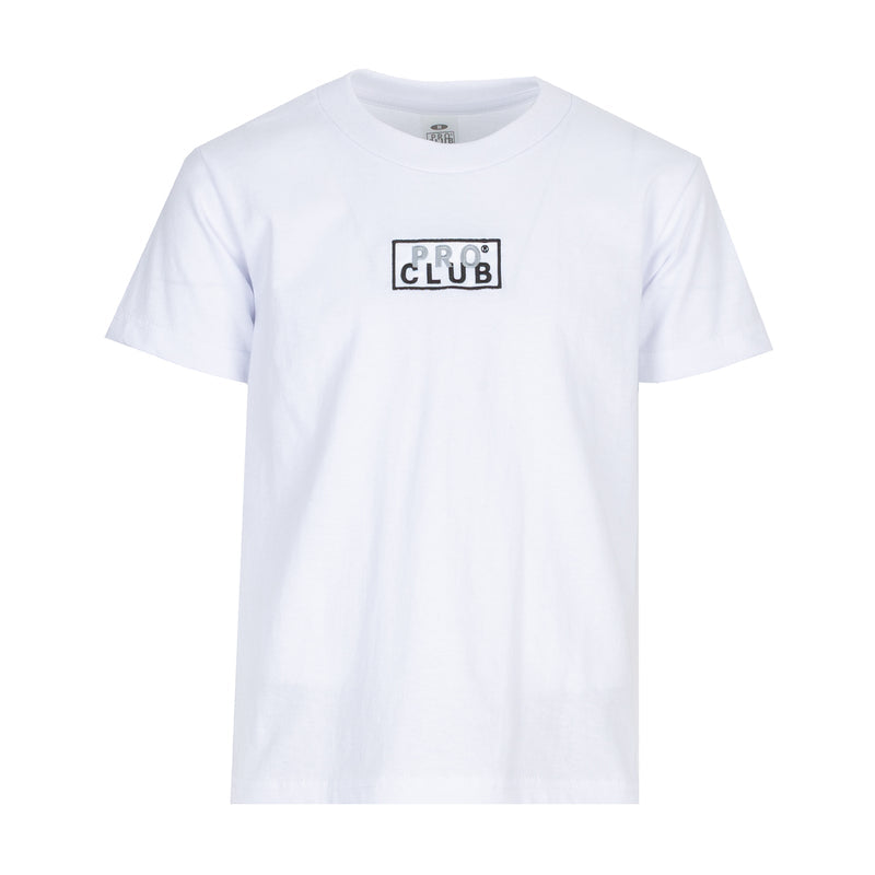 White youth crewneck T-shirt with PRO CLUB box logo on chest.