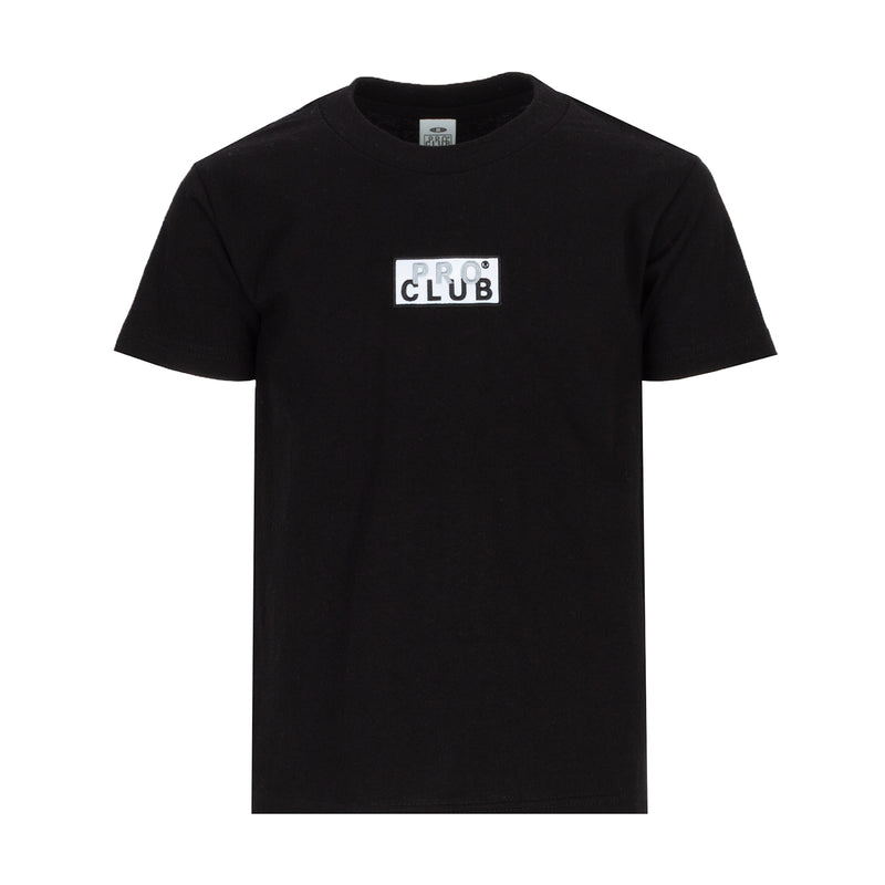 Youth black T-shirt with front box “PRO CLUB” logo