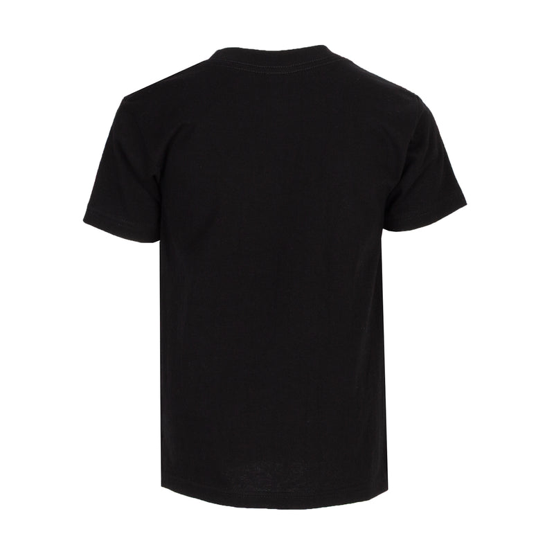 Youth black T-shirt back view, plain crew neck