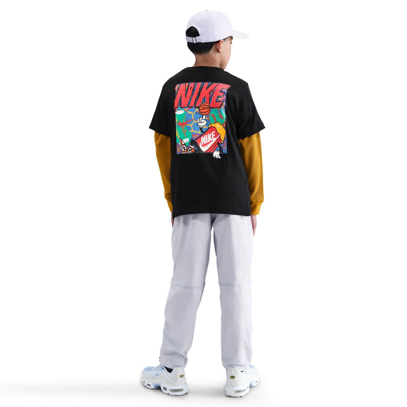 Youth black T-shirt with Nike graphic on back, crew neck