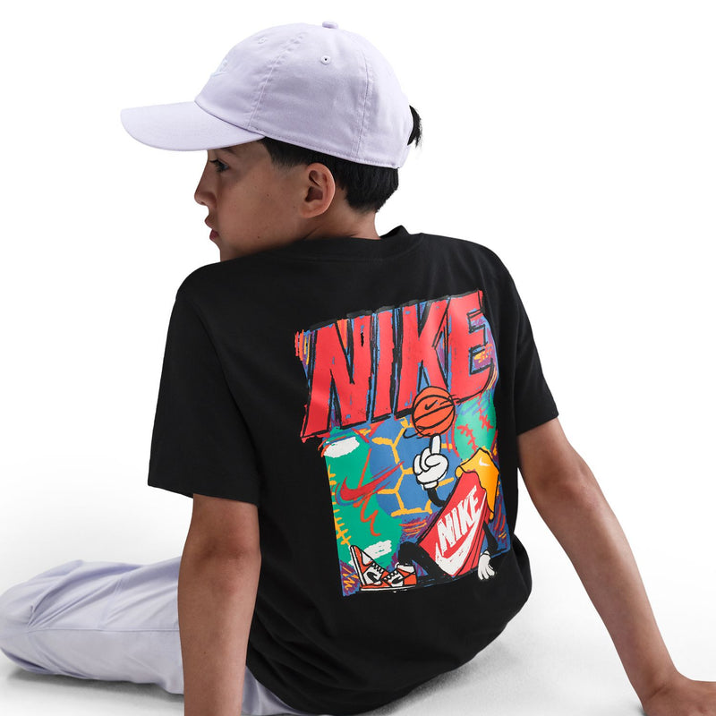 Youth black T-shirt with large Nike back graphic, crew neck