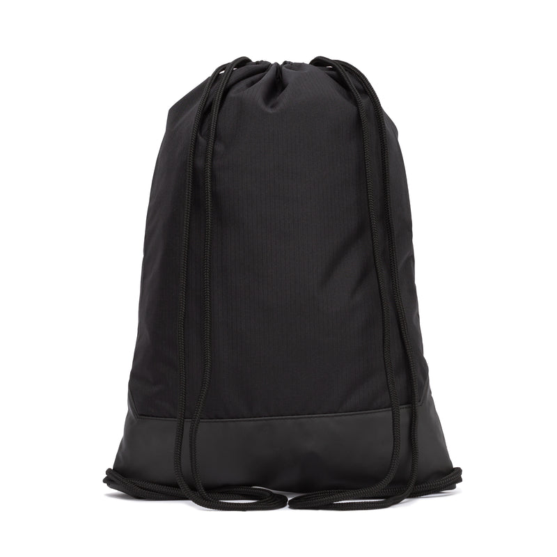 Black drawstring gym sack with front zip pocket
