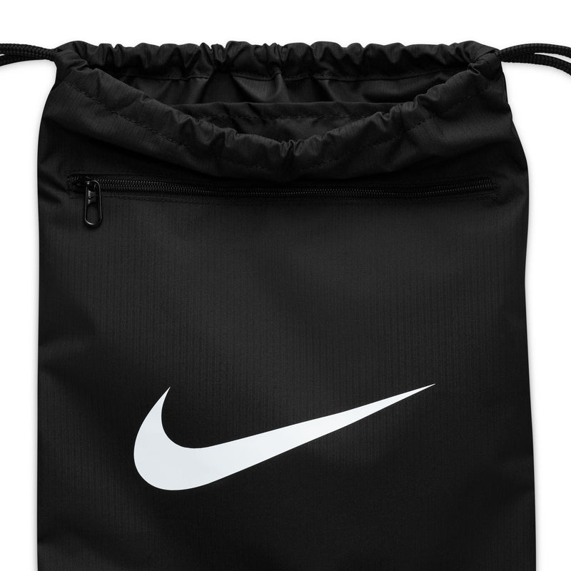 Black gym sack with ruched top and white swoosh logo