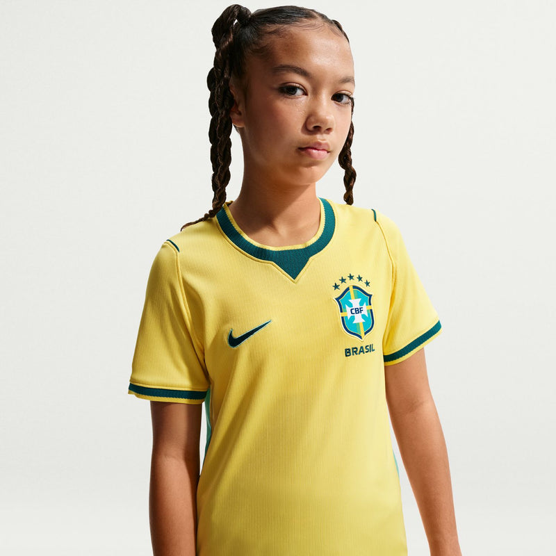 Youth Brazil home soccer jersey, canary yellow with teal collar and CBF crest on chest