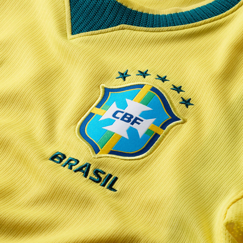 CBF crest and “BRASIL” embroidery on canary yellow youth soccer jersey