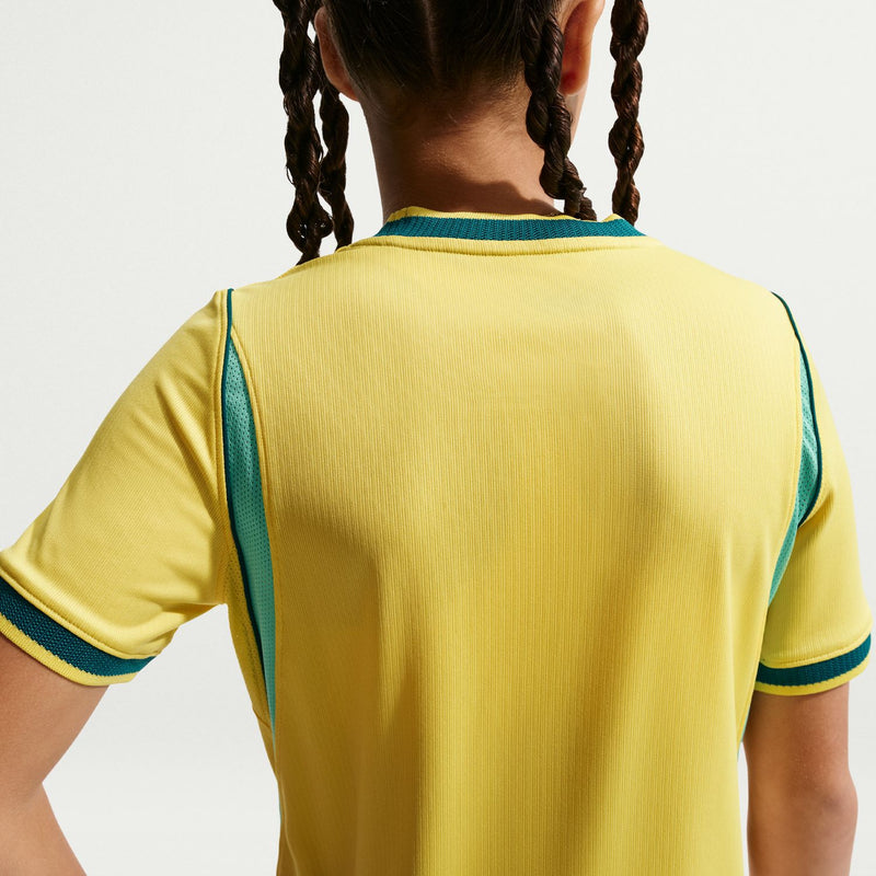 Youth Brazil home jersey back neckline and teal trim close-up