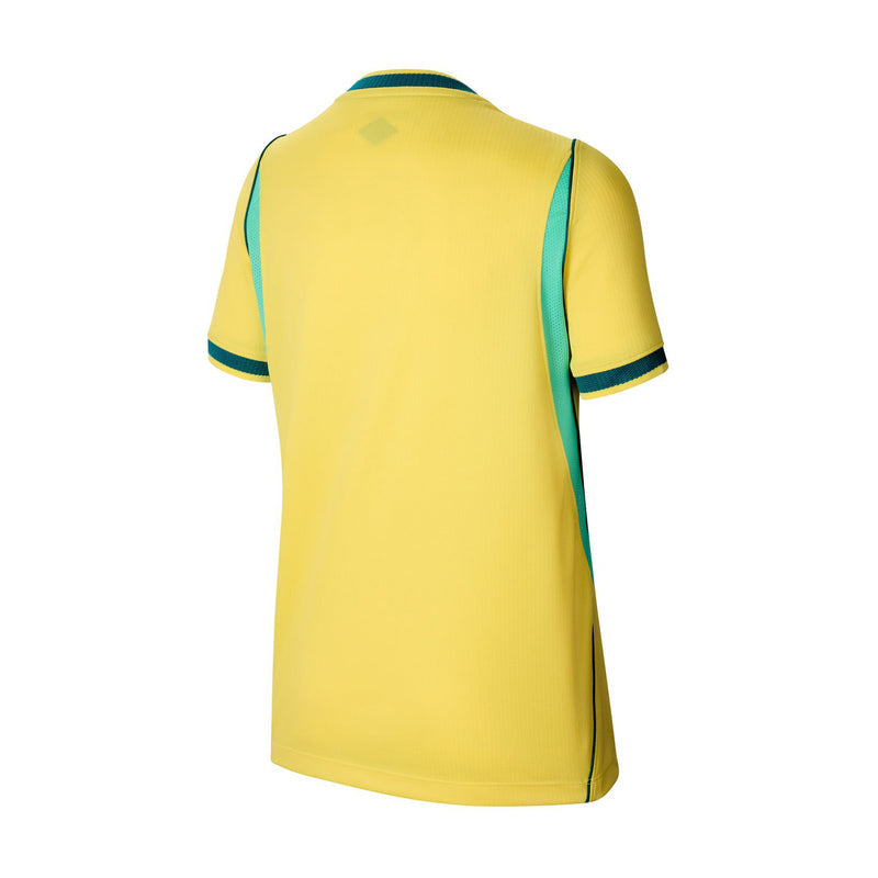 Youth Brazil home soccer jersey back, canary yellow with teal sleeve and collar trim