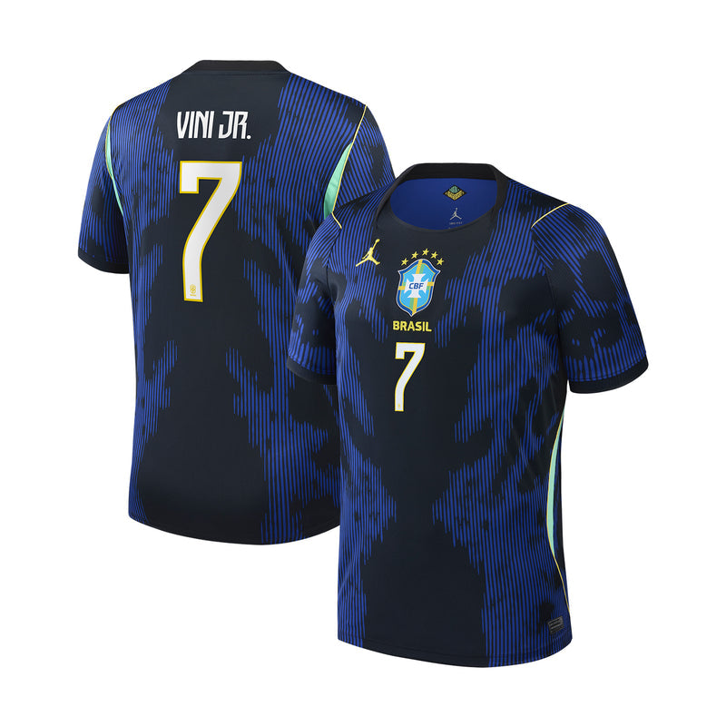 Men's Brazil away jersey Vini Jr #7, blue/black camo, short sleeves.