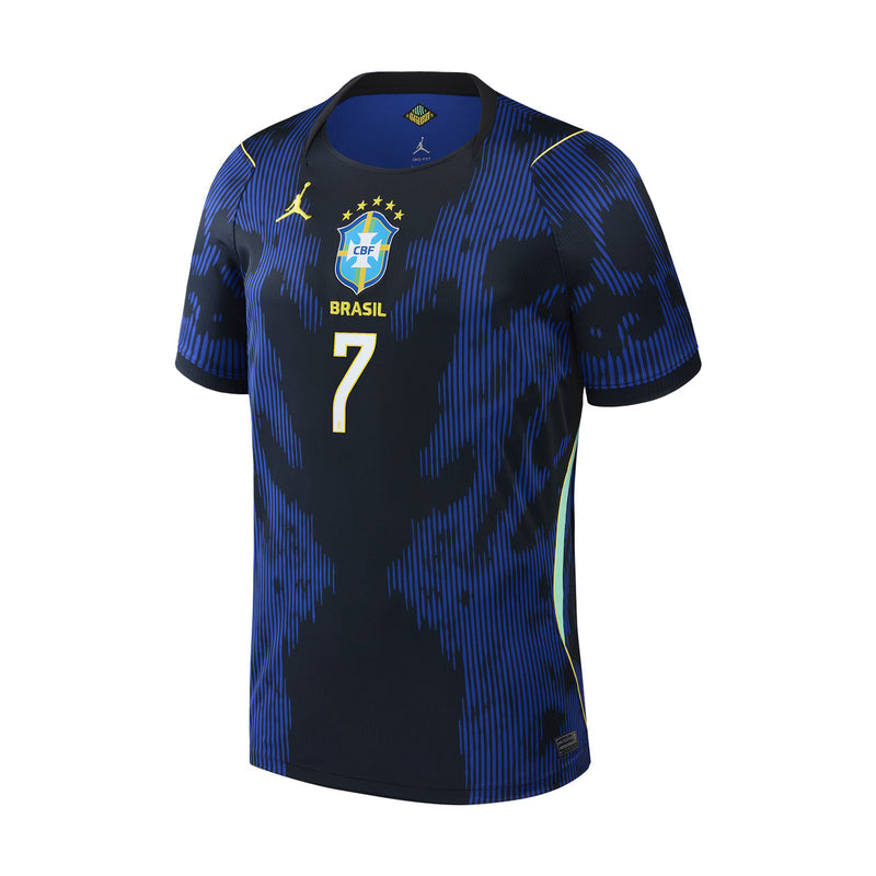Men's Brazil away jersey Vini Jr #7, blue-black camo, crest at chest.
