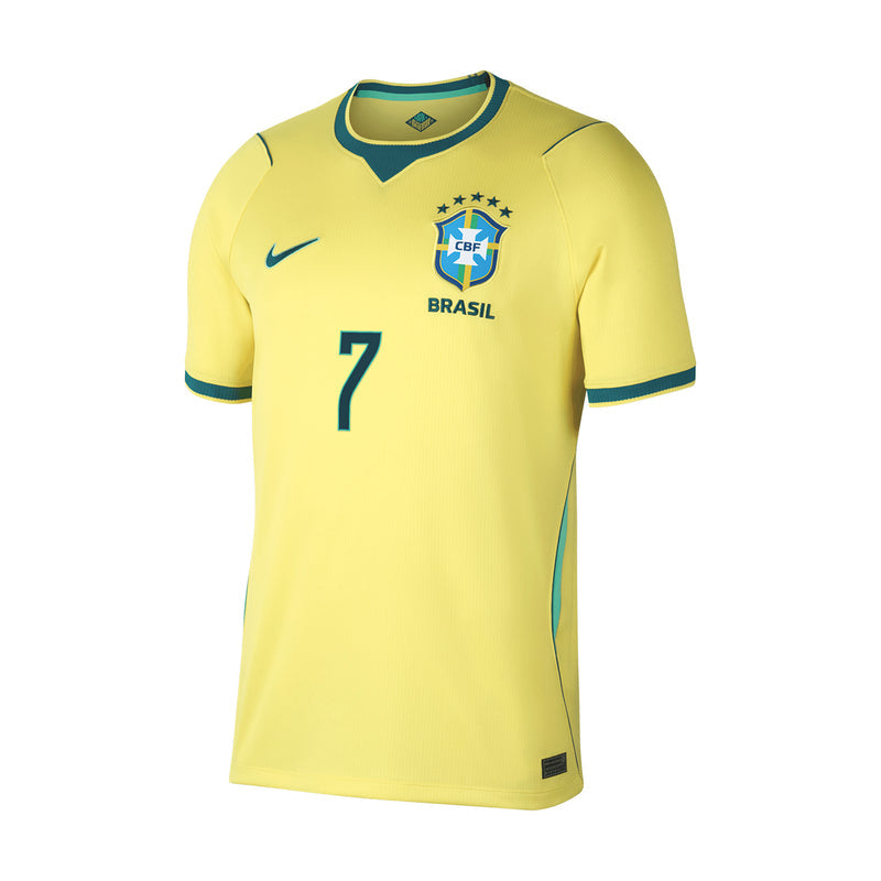 Men's Brazil home replica football jersey, canary yellow, teal collar, #7 front