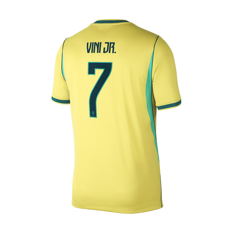 Men's Brazil home replica football jersey back, canary yellow with teal trim, Vini Jr. #7