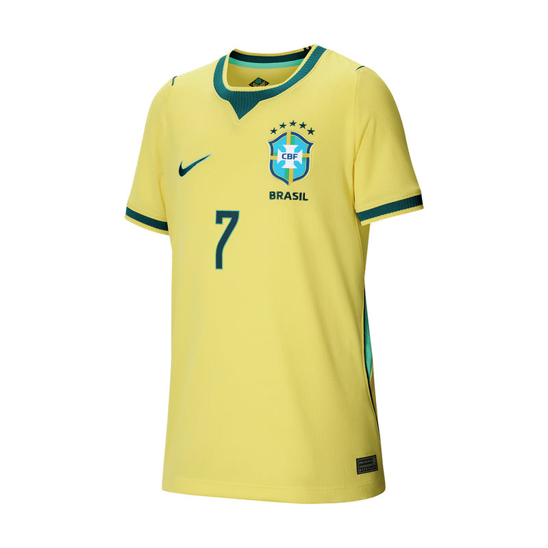 Youth Brazil home stadium jersey, canary yellow with teal trim, CBF crest and #7