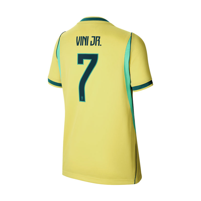 Youth Brazil home stadium jersey back, canary yellow with teal trim and Vini Jr. #7