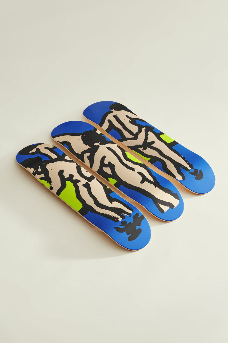 Broken Fingaz The Bathers three deck set with blue boards featuring abstract nude figure artwork