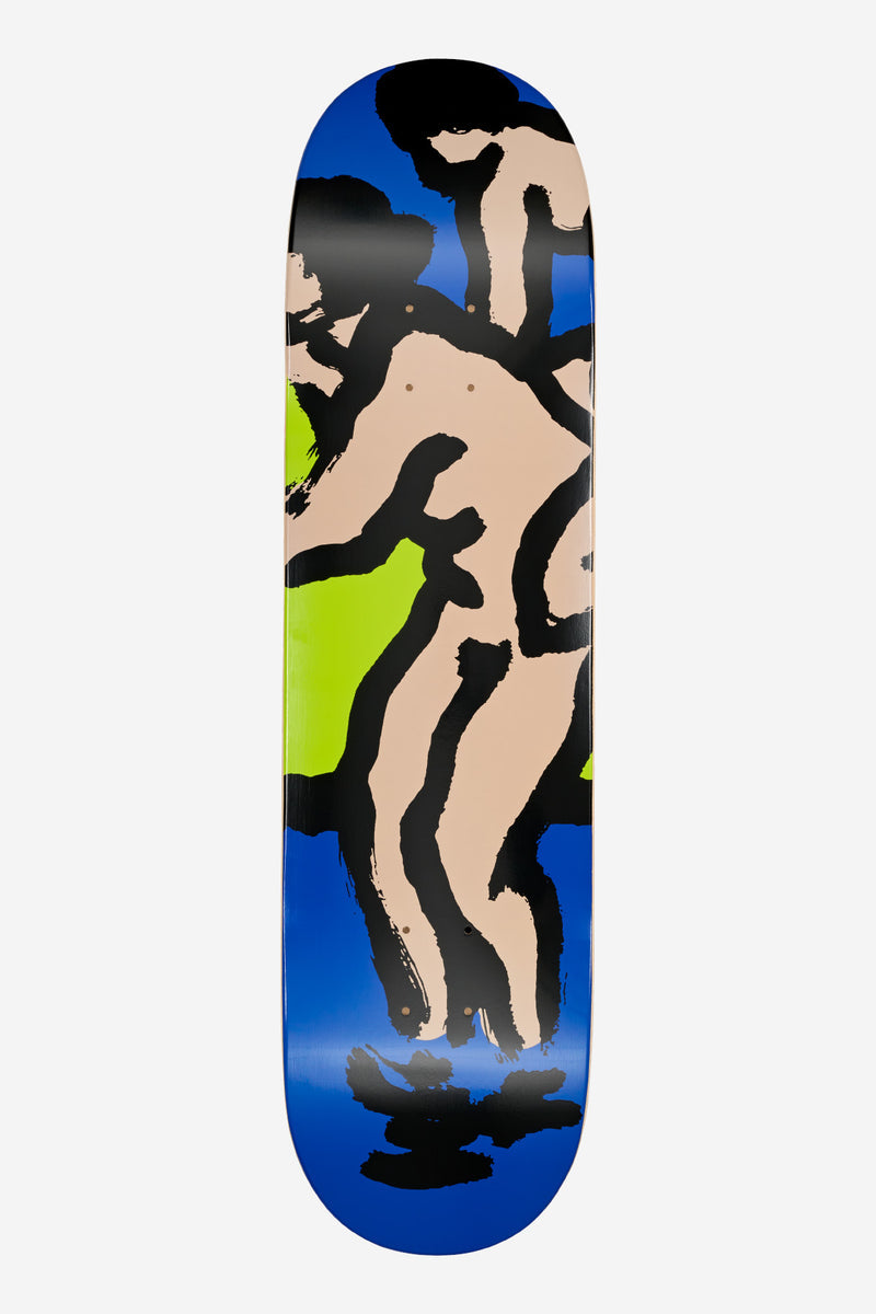 Close up of a Bathers deck showing a nude silhouette in beige with bold black outlines on a blue gradient background.