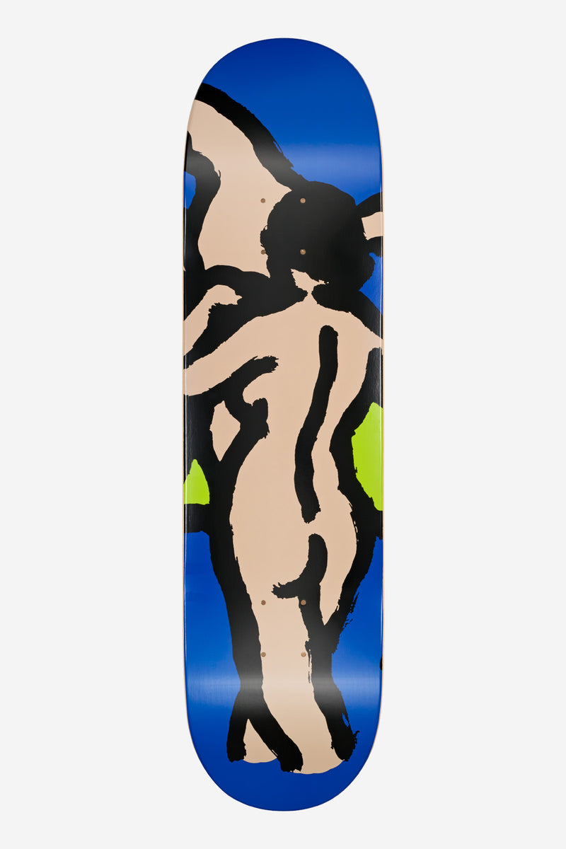 Close up of a Bathers deck with a nude figure motif on blue with lime green accents.