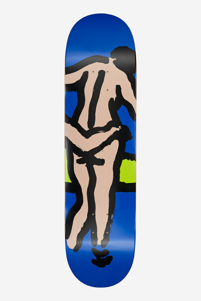 Skateboard deck from The Bathers triptych featuring a bold blue gradient background and beige and black abstract figures