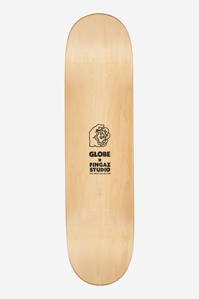 Natural wood skateboard deck with Globe x Fingaz Studio branding and monochrome graphic near center