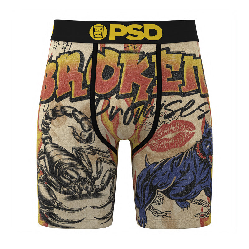 Men's boxer briefs with multicolor graphic print; black PSD waistband.
