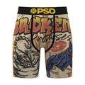 Men's boxer briefs with multicolor graphic print; black PSD waistband.