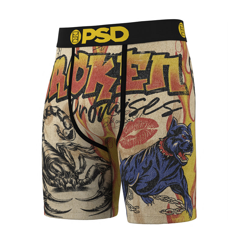 Men's boxer briefs with multicolor comic-style print; black PSD waistband.