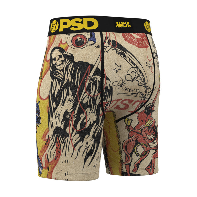 Men's boxer briefs with multicolor gothic artwork; black PSD waistband.