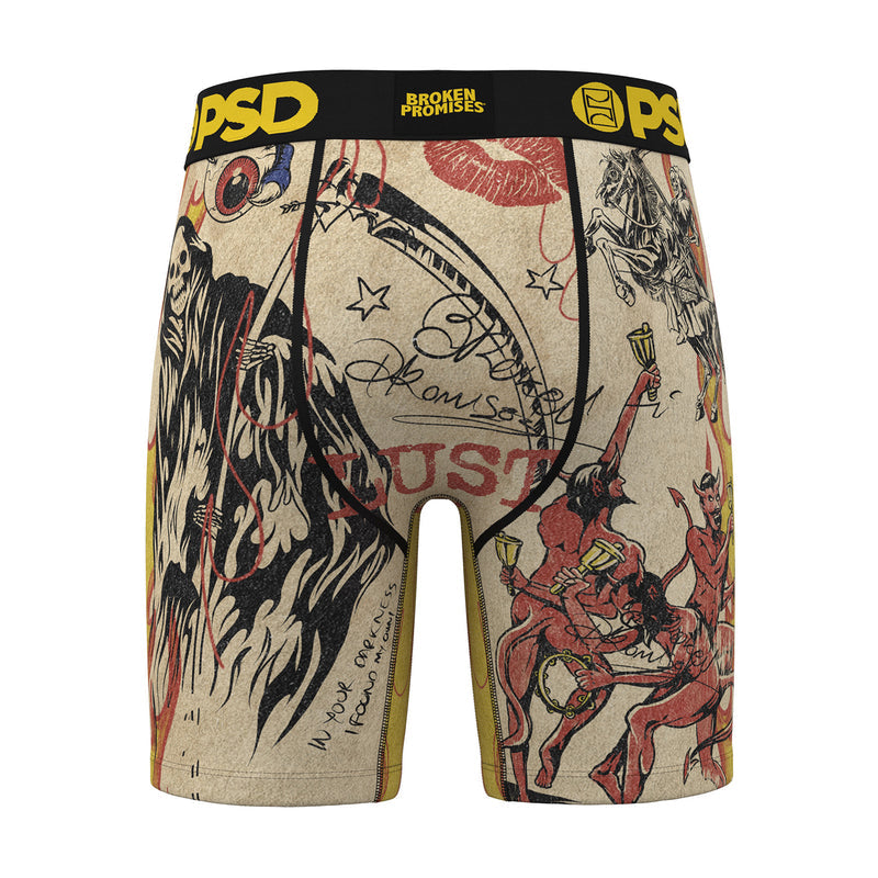 Men's boxer briefs with multicolor 'LUST' graphic; black PSD waistband.