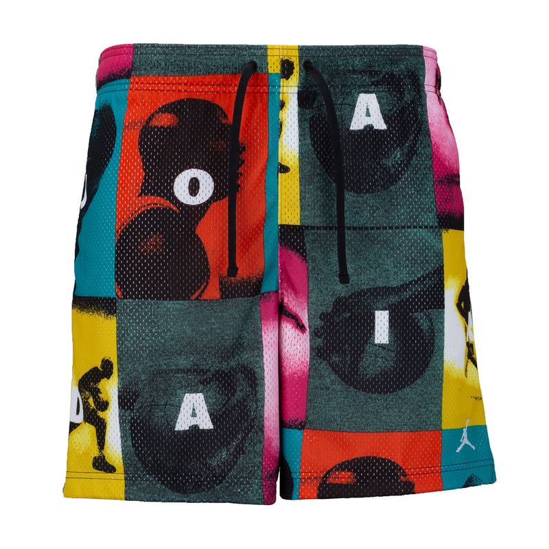 Men's mesh shorts with colorful all-over print, elastic waistband and drawstring cord