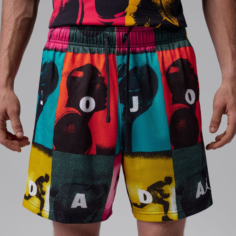 Men's printed mesh shorts, elastic waistband with drawstring, colorful abstract pattern