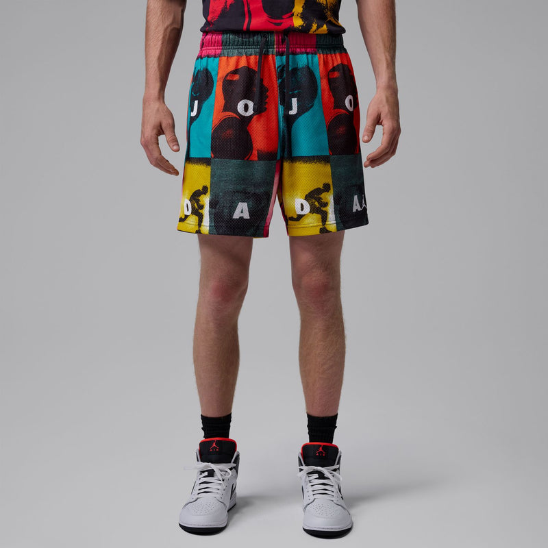 Men's mesh shorts with colorful all-over print, elastic waistband, straight hem