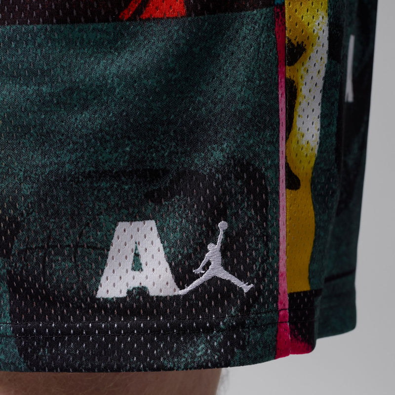 Men's mesh shorts close-up: Jordan logo print at hem, multicolor panel pattern