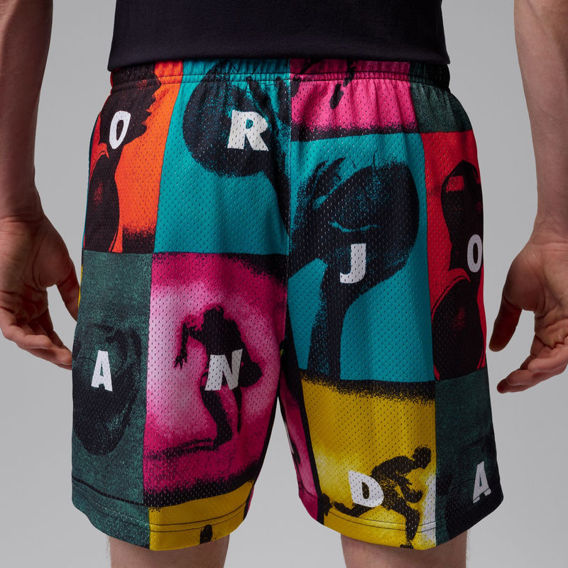 Men's mesh shorts front view: colorful all-over print with large letter graphics