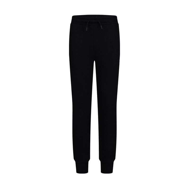 Youth black fleece pant with elastic waistband, drawstring, and tapered legs