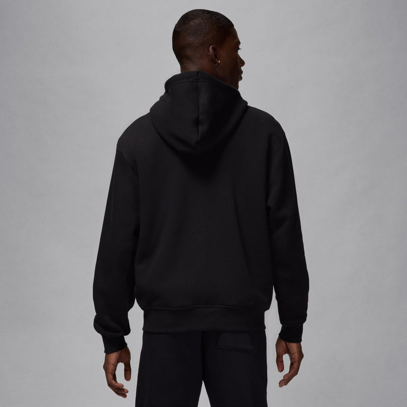 Black full-zip fleece hoodie back view with hood and elastic cuffs.