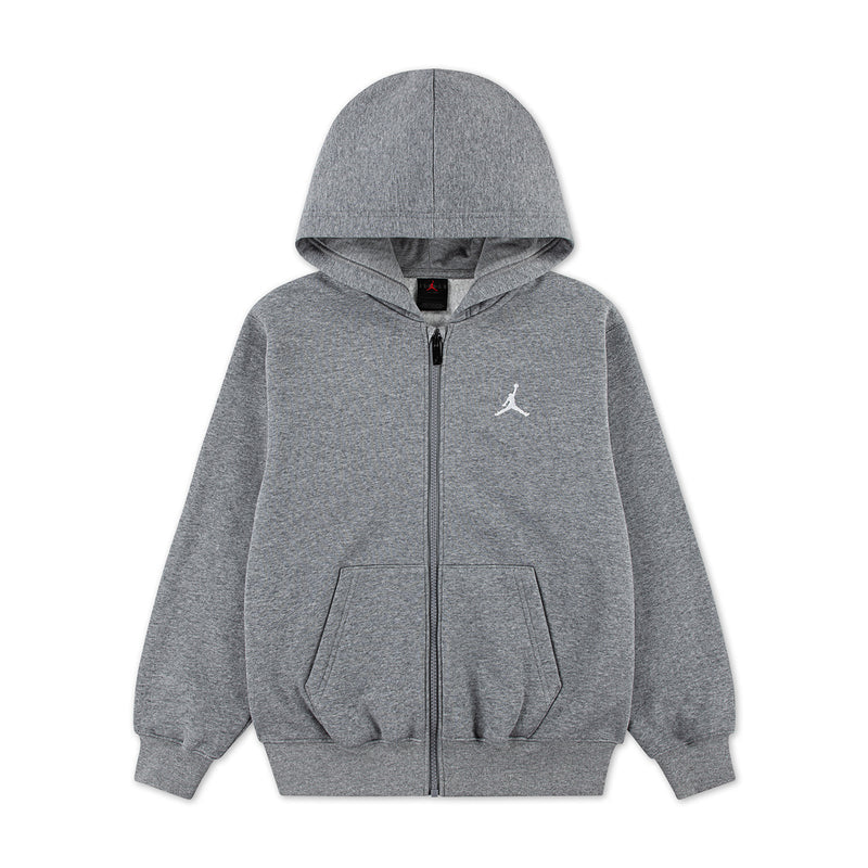 Youth carbon heather gray zip-up hoodie with hood, pockets, and small Jordan logo