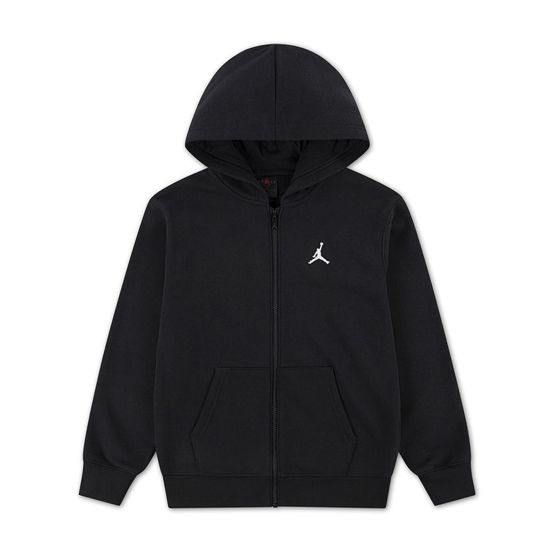 Youth black fleece full-zip hoodie with hood, front kangaroo pockets, white Jordan logo