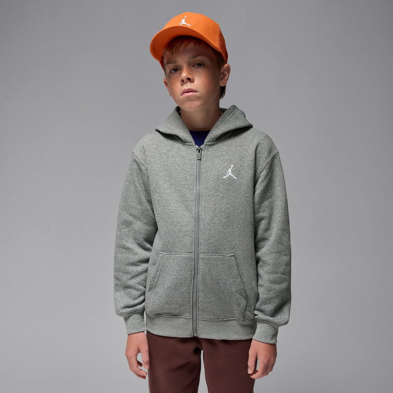 Youth carbon heather gray full-zip hoodie with hood, two front pockets, Jordan logo